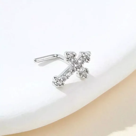 14k White Gold Plated 0.15Ct Moissanite Cross Shape Nose Piercing Nose Pin