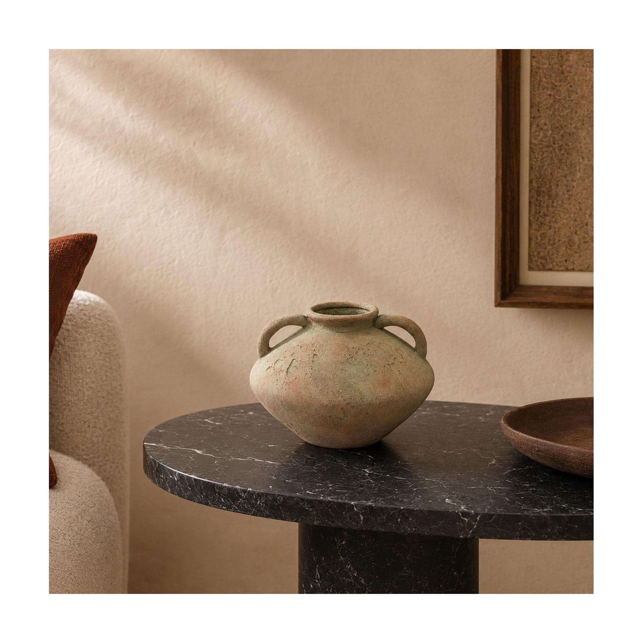 DecMode 7" Antique Style Textured Beige Ceramic Vase with Handles