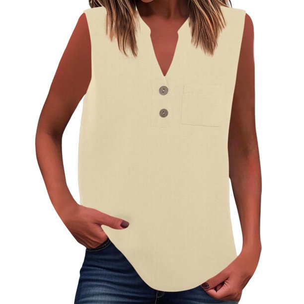 Camiseta sin mangas de verano para mujer, corte holgado, plisada, cuello en V, sin mangas, fluida, informal