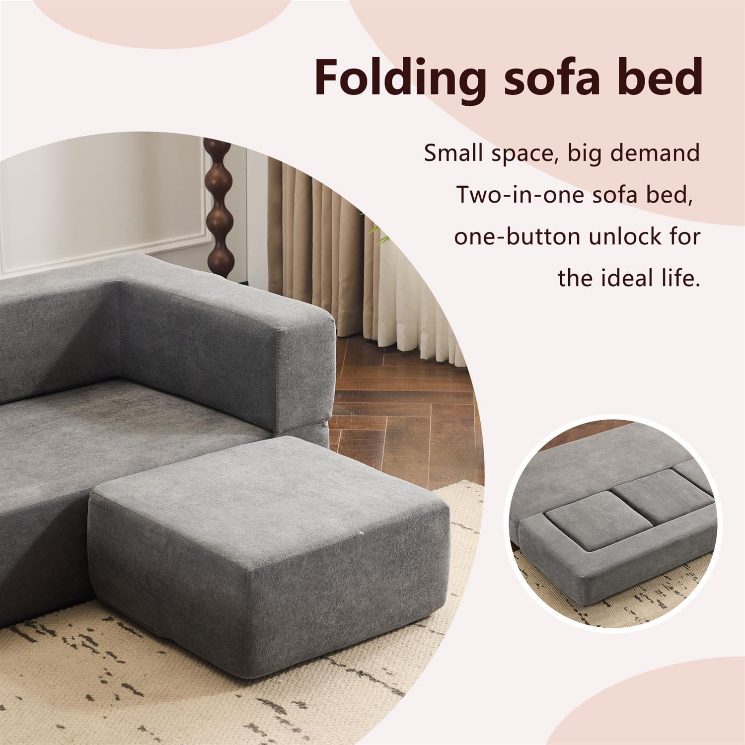 Demi Bonn Convertible Sectional Sofa with 3 Storage Ottomans, Space-Saving Chenille Couch, High-Resilience Foam for Studio Apartments & Home Offices, Gray