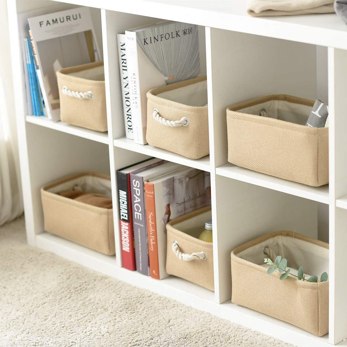 Tegance Small Storage Baskets for Shelves, Storage Cube Organizer, Storage Bins, 12 x 8 x 5 Inches, Rectangle Canvas Fabric Collapsible Shelf Box with Handles, Beige
