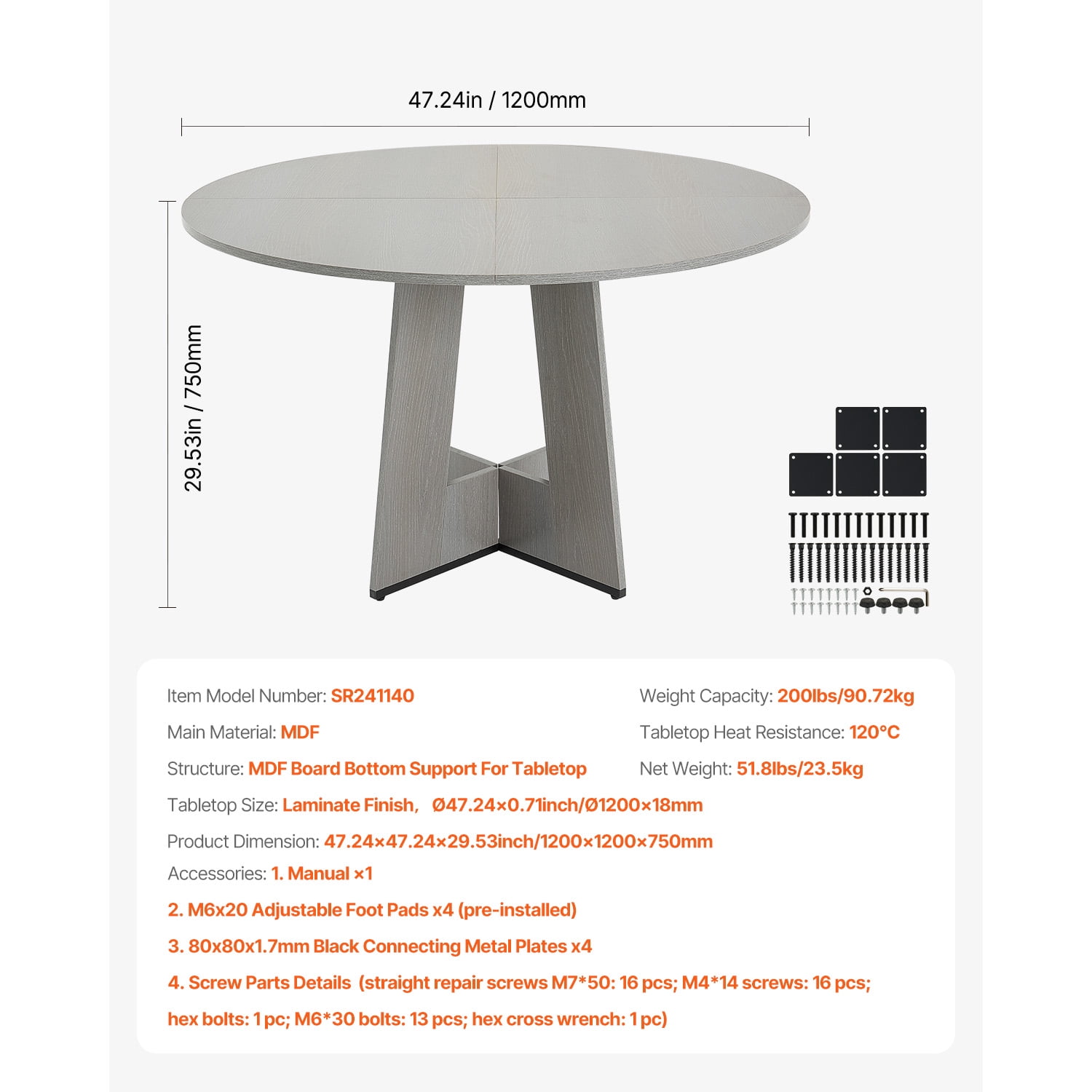 KFFKFF Circular Dining Table, 47-inch Timber Table for Two to Four Individuals, Countryside-Inspired Circular Mealtime Furnishing, Casual Tables with Robust Timber Supports