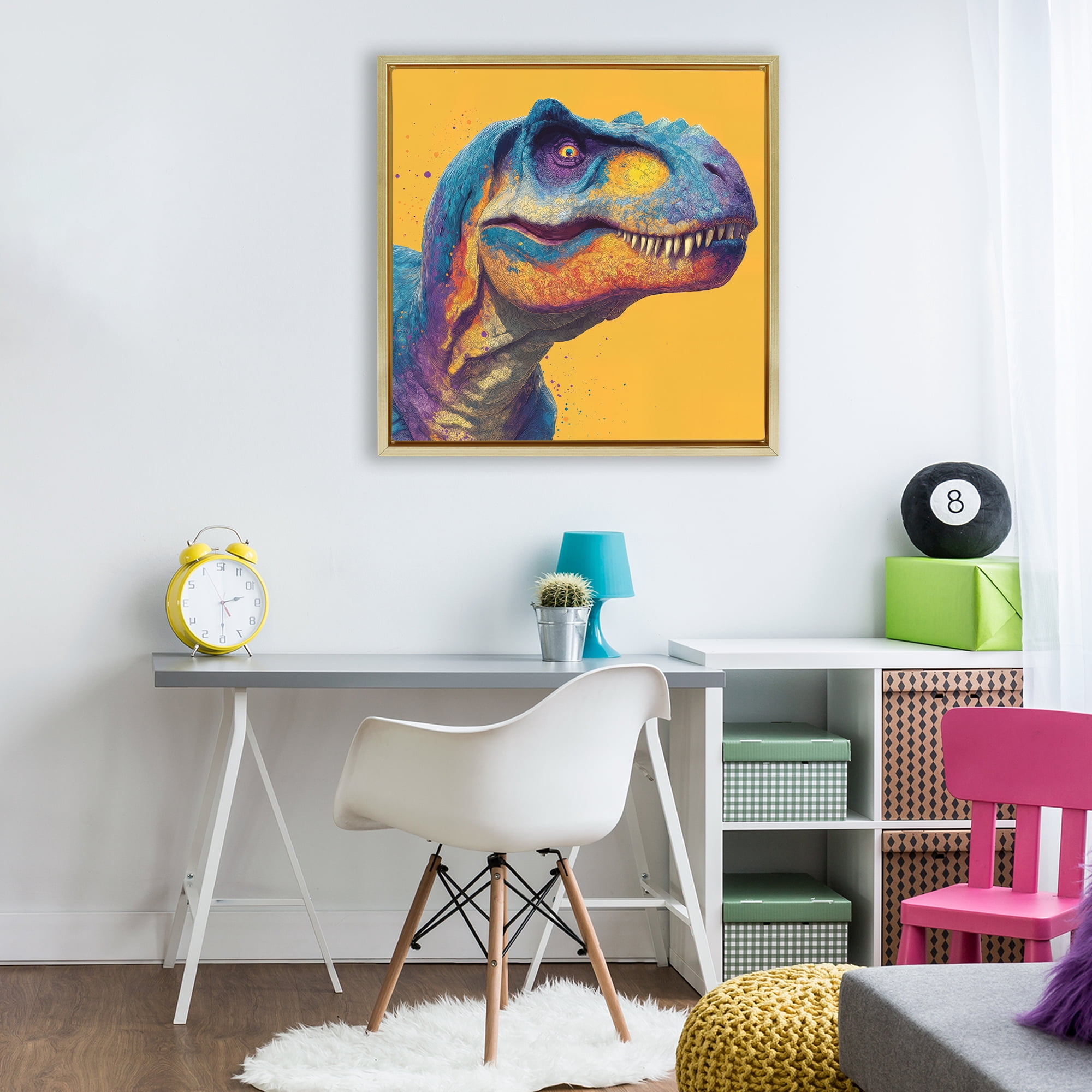 Stupell Industries Vibrant T-Rex Portrait Gold Framed Floater Canvas Wall Art, design by Wumples
