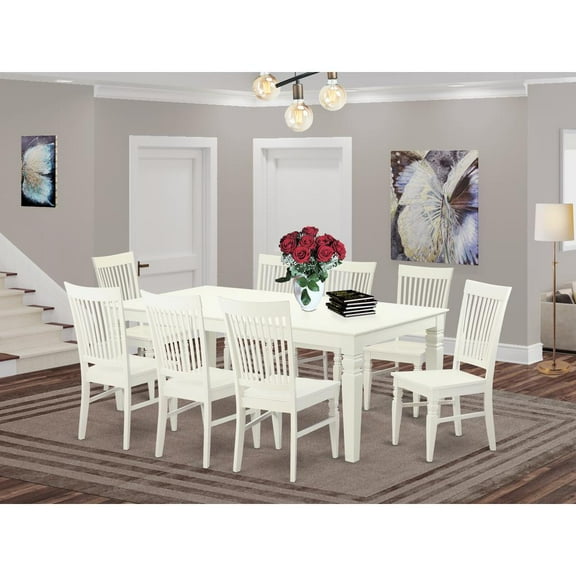 East West Furniture Logan 9-piece Wood Dining Set in Linen White