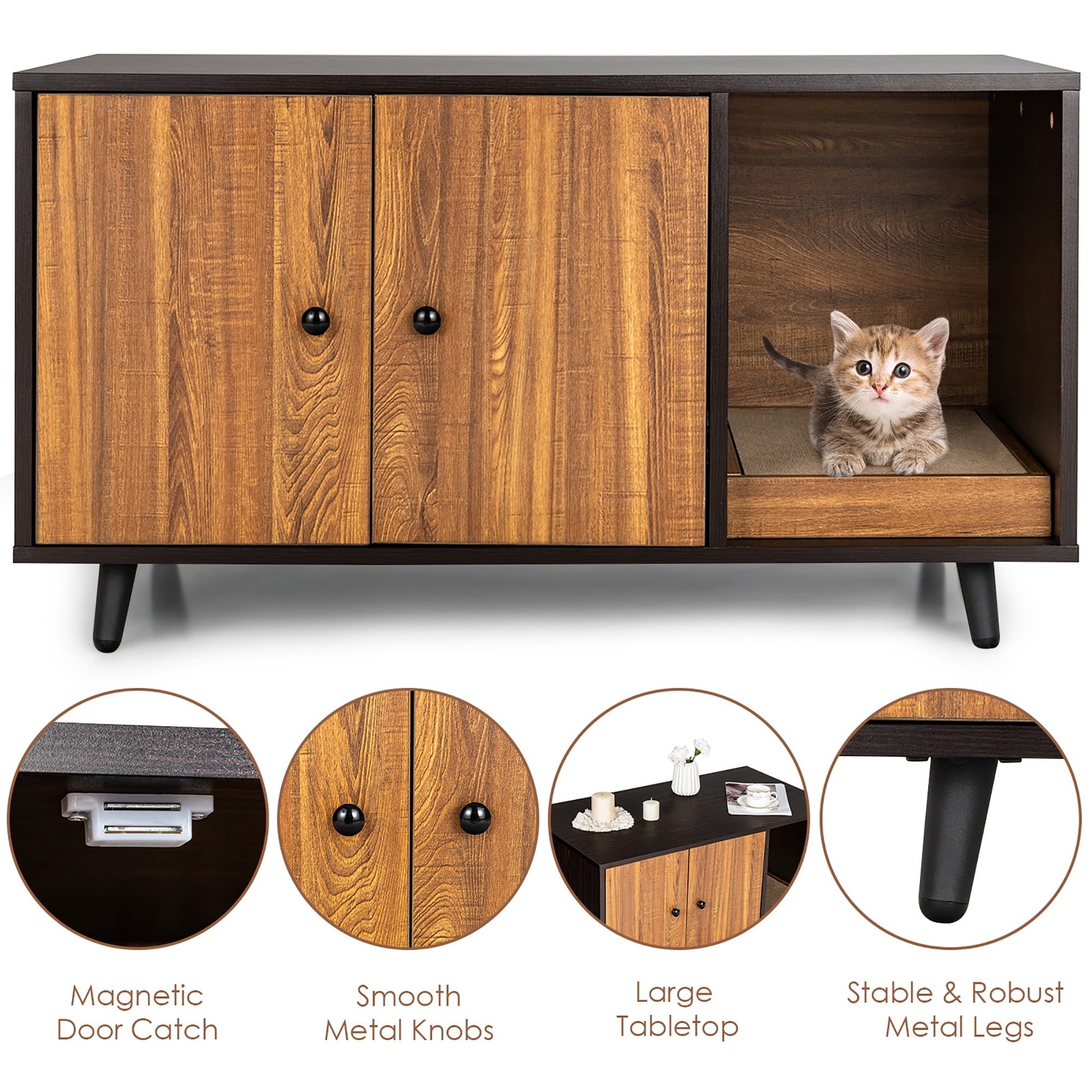 Costway Cat Litter Box Enclosure Cat Washroom Hidden Litter Box Enclosure Coffee