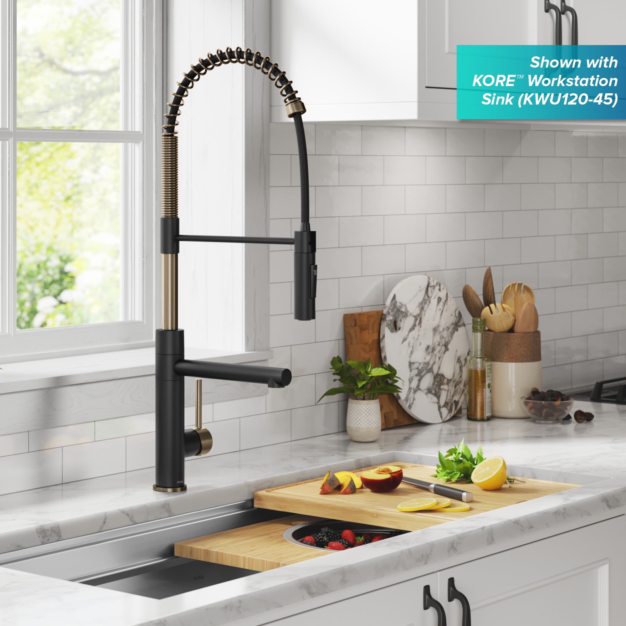 Kraus Artec Pro Commercial Style Pull-Down Single Handle Kitchen Faucet with Pot Filler in Spot Free Antique Champagne Bronze / Matte Black