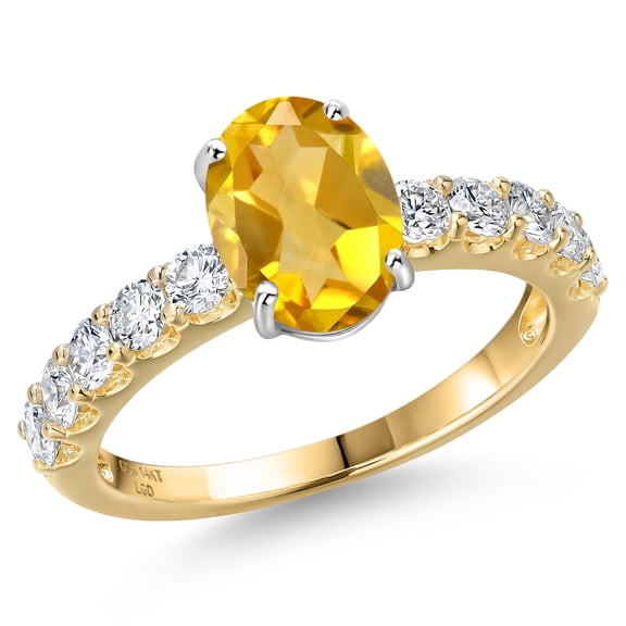 Gem Stone King 14K Two Tone Gold Yellow Citrine and Lab Grown Diamond Engagement Ring for Women | 2.15 Cttw | Oval 9X7MM | Gemstone November Birthstone | Size 6