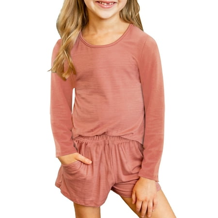 

Sidefeel Girls Fall Pajama Sets T-Shirt and Shorts Set with Side Pockets Solid Color Loungewear Suit