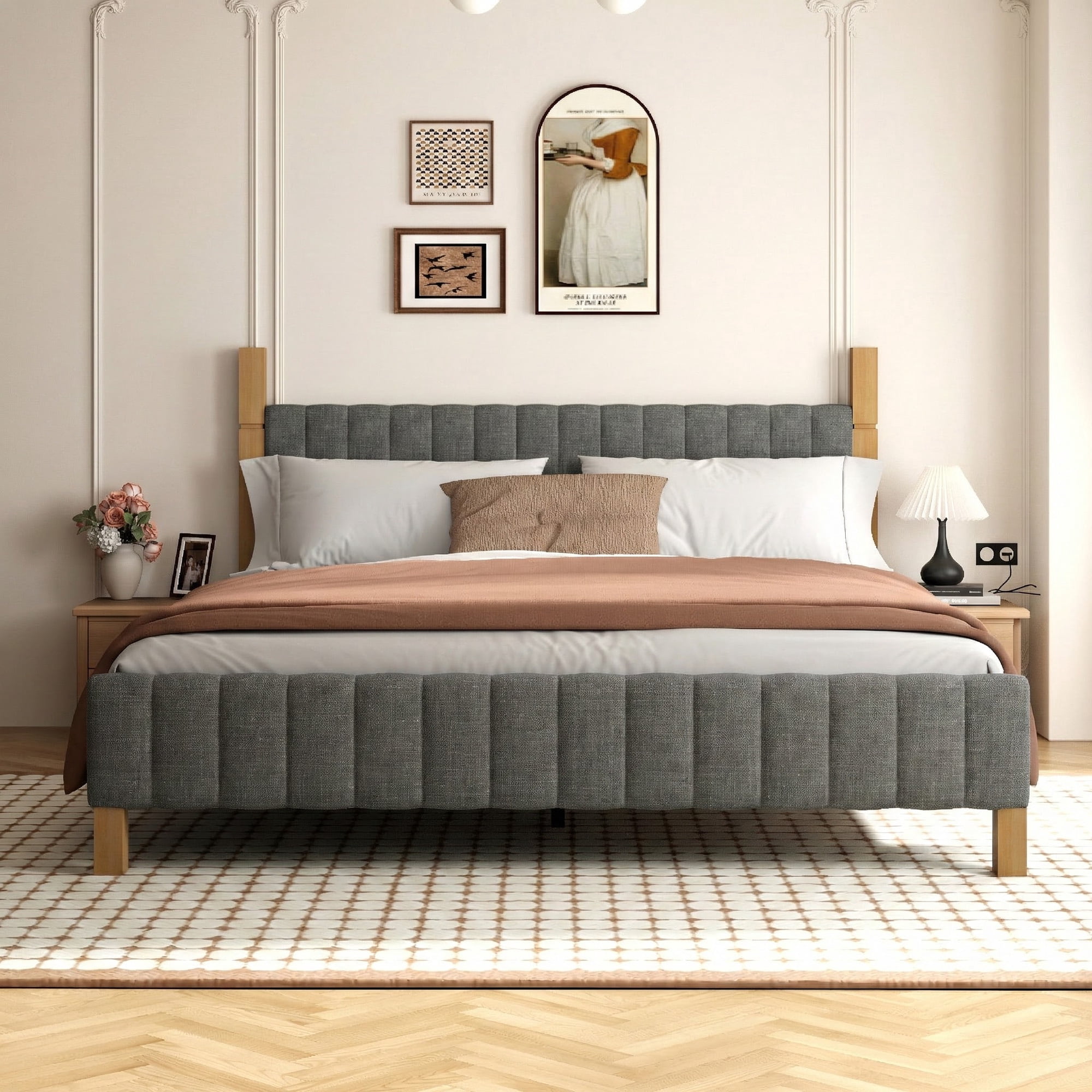Brafabhome King Bed Frame with Upholstered Headboard, Modern Wood Bed Frame with Solid Wood Posts, No Box Spring Needed, Gray Linen
