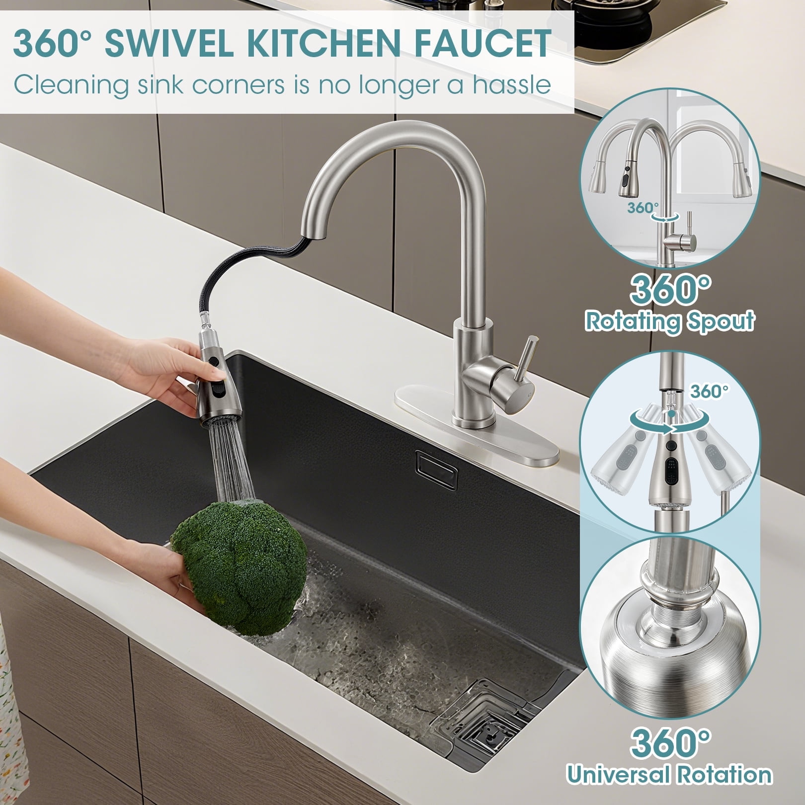 Wowkk Sanitary Ware Kitchen Sink Faucet with Pull Down Sprayer, Single Handle SUS304 Stainless Steel Kitchen Faucets with Deck Plate, Brushed Nickel
