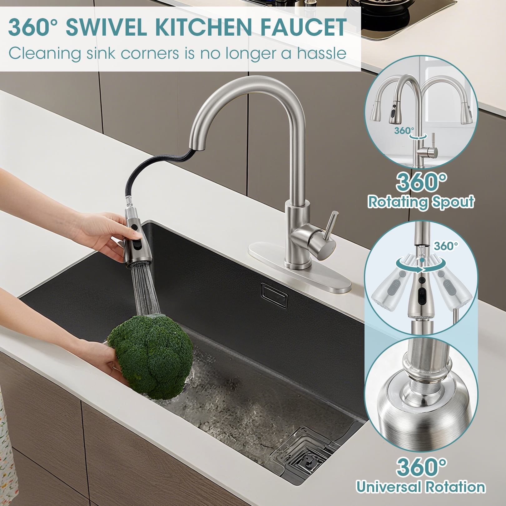 Wowkk Brushed Nickel Kitchen Faucet with Pull-Down Sprayer photo 4