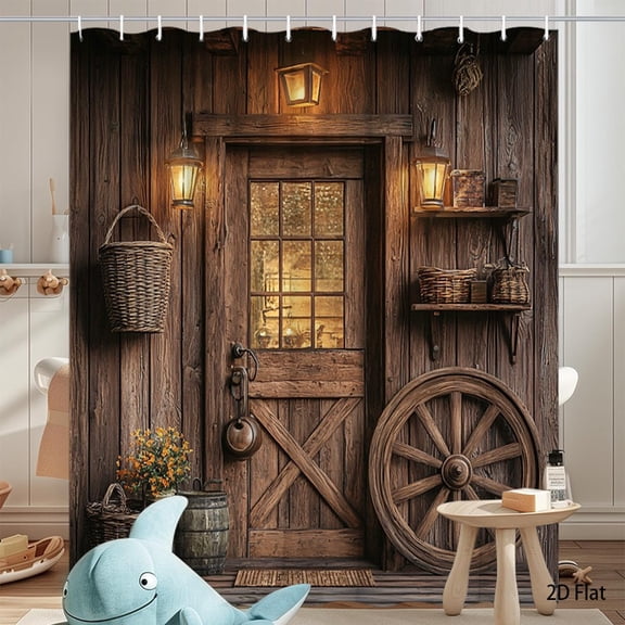 Rustic Cabin Door Shower Curtain with Hooks, Waterproof Polyester Fabric, 70x70 Inch Bathroom Decor