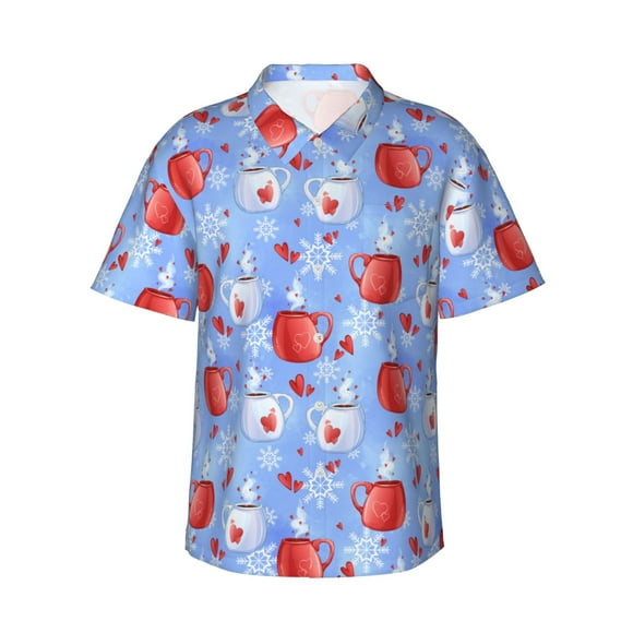 Fotbe coffee love cup winter Camisa Hawaiana para Hombre Unisex – Camisa Casual de Verano con Botones de Manga Corta de Algodón y Lino,Medium