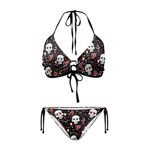 Chririnla Women's Halter Neck Two Piece Bikini Set - Skull & Heart Arrow Print - Sexy Tie Side Swimsuit for Beach Vacation & Pool Party