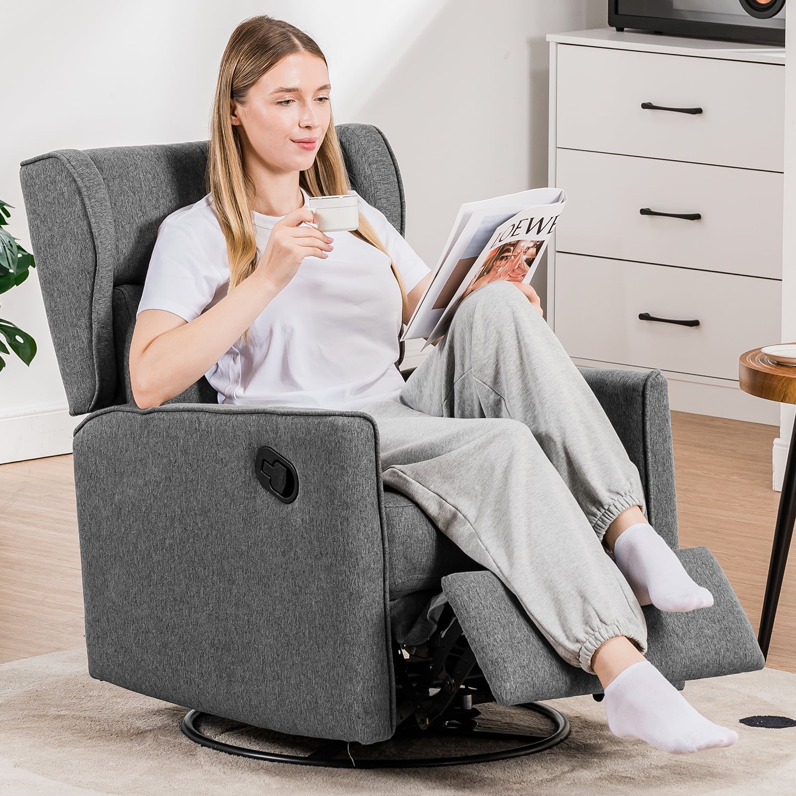 COMHOMA Swivel Rocker Recliner Chair, Fabric Swivel Glider Reclining Single Sofa for Living Room, Gray