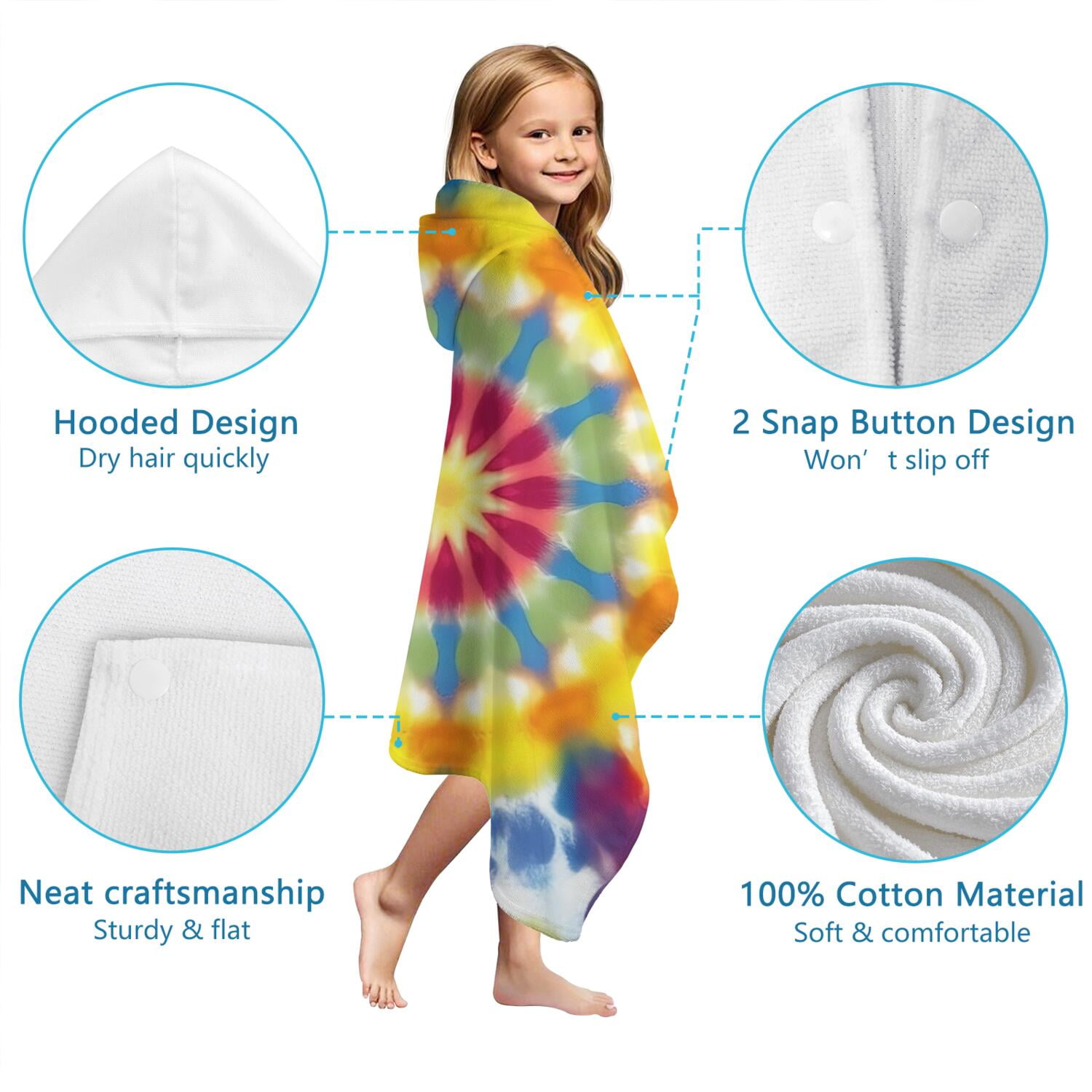 Colorful Rainbow Tie Dye Spiral Pattern Hooded Bath Towel，60"x35" for Ages 3 To 12 Kids, Quick Dry Lightweight Soft Microfiber Hood Beach Towel Cover Up for Kids