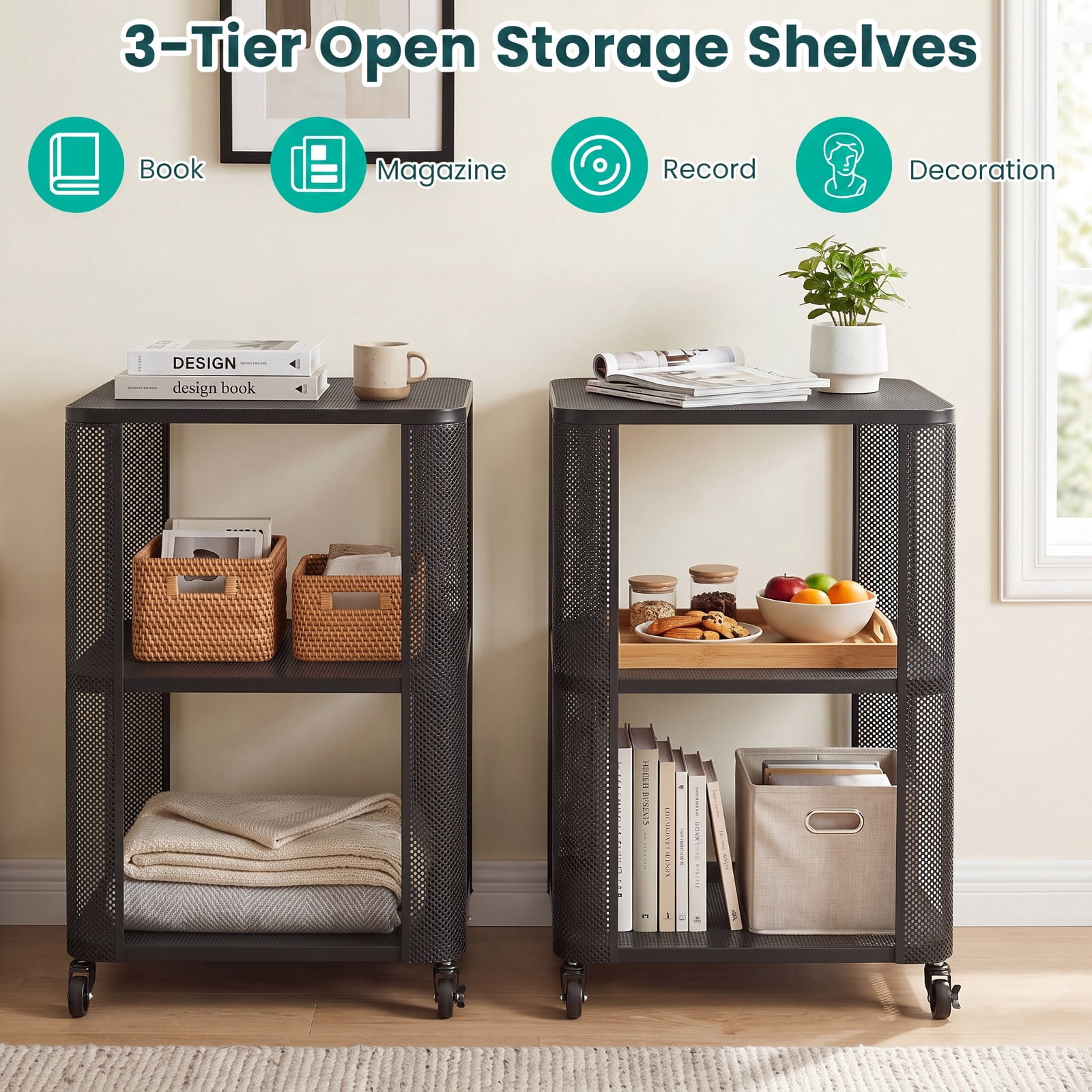 Furnibear 3 Tier Rolling End Table with Locking Casters and Metal Mesh Storage Shelves for Living Room Bedroom Apartment and Dorm, Black
