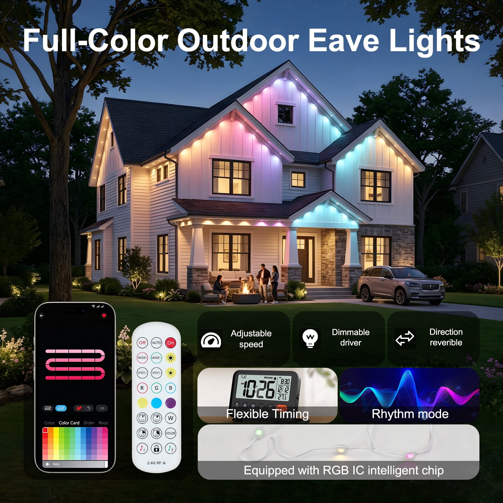 50ft RGB+IC Permanent Outdoor Eave Lights 16 Million Colors Music Sync IP67 Waterproof App Control Holiday Lighting