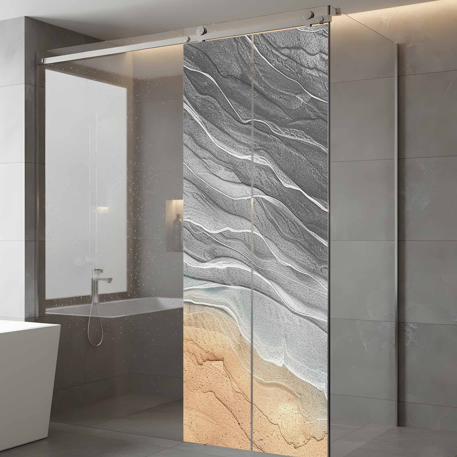 Abstract Grey Window Privacy Film, Ocean Beach Waves Lines Gradient Frosted Glass Window Clings Static Cling UV Heat Blocking Reusable Door Sticker for Bathroom 23.6 x 59 Inch