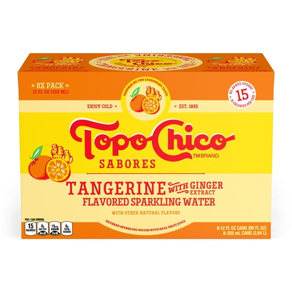 Topo Chico Sabores Tangerine with Ginger Extract Flavored Sparkling Water, 12 fl oz, 8 Pack Cans