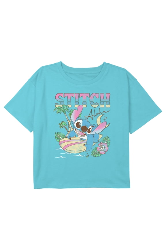 Girl's Lilo & Stitch Surfing Aloha Stitch Graphic Cropped T-Shirt Blue X Small