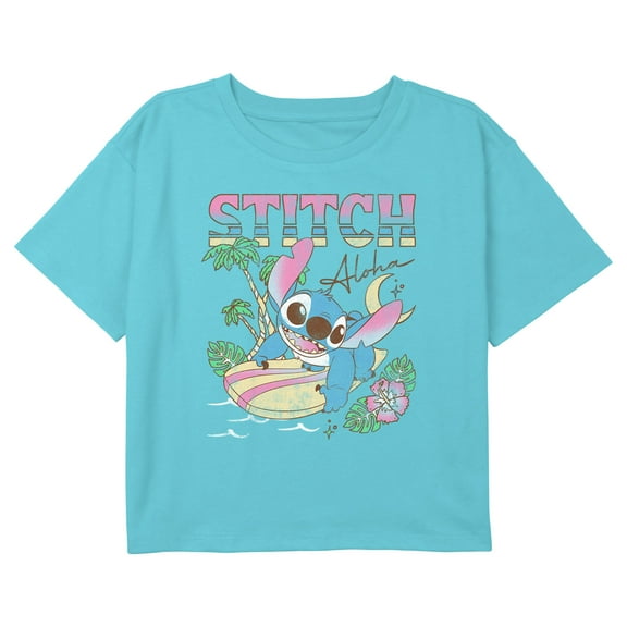 Girl's Lilo & Stitch Surfing Aloha Stitch Graphic Cropped T-Shirt Blue X Small