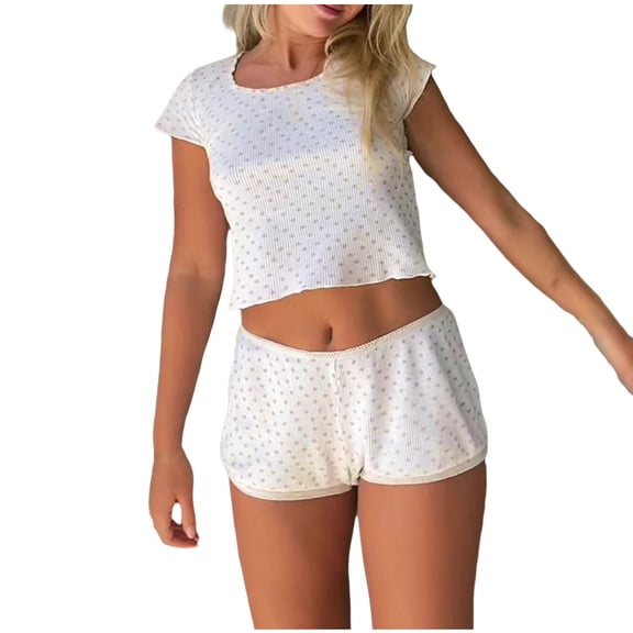 Hrsba Cute 2 Piece Outfits for Women,Crew Neck Pullover Short Sleeve Printed High Waist Shorts Matching Set Casual Trendy Summer Women Outfits