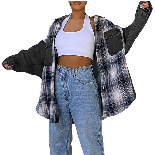 IROINID Veste en Denim pour Femmes, Manches Longues, à Carreaux, Col Rabattu, Veste Décontractée à Simple Boutonnage, Veste en Denim à Carreaux