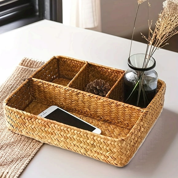Chic Wicker Storage Box with Viewing Window - Multi-Compartment Organizer for Home & Office Desk Decor, Baskets, Bins & Containers for Home Organization