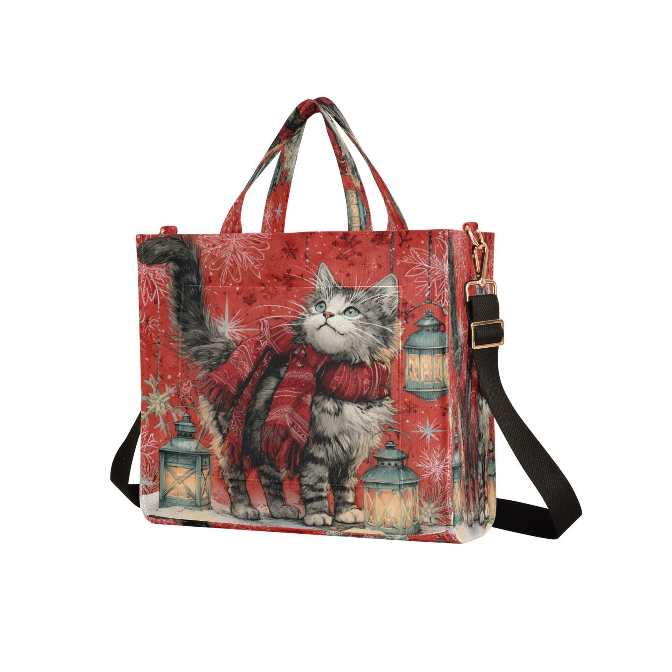 Wobogo Christmas Cute Tabby Cat Corduroy Tote Bag for Women Travel Crossbody Bag Purse Women Shoulder Bags Work Handbags Daily Commuter Bag 10.2×9inch