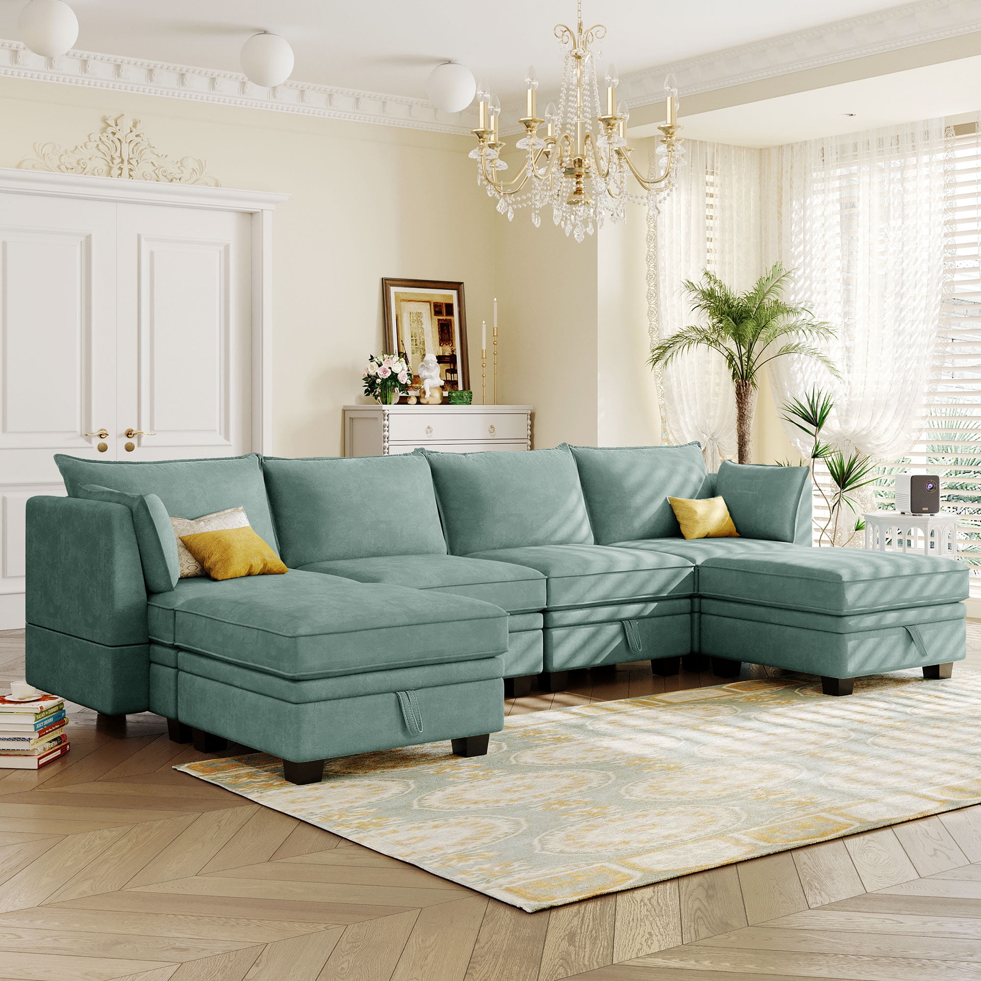 U shape combination 6 seater light green living room sofa