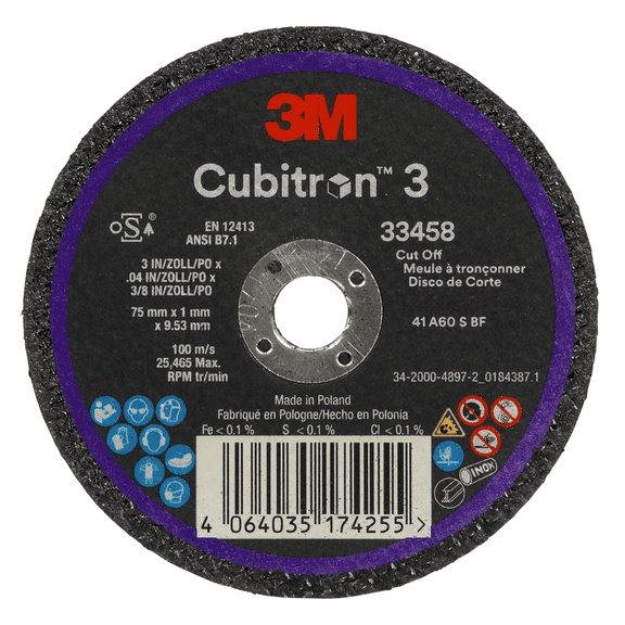3M Cubitron 3 Cut-Off Wheel 33458, 75 mm x 1 mm x 9.53 mm (3 in x .04 in x 3/8 in)