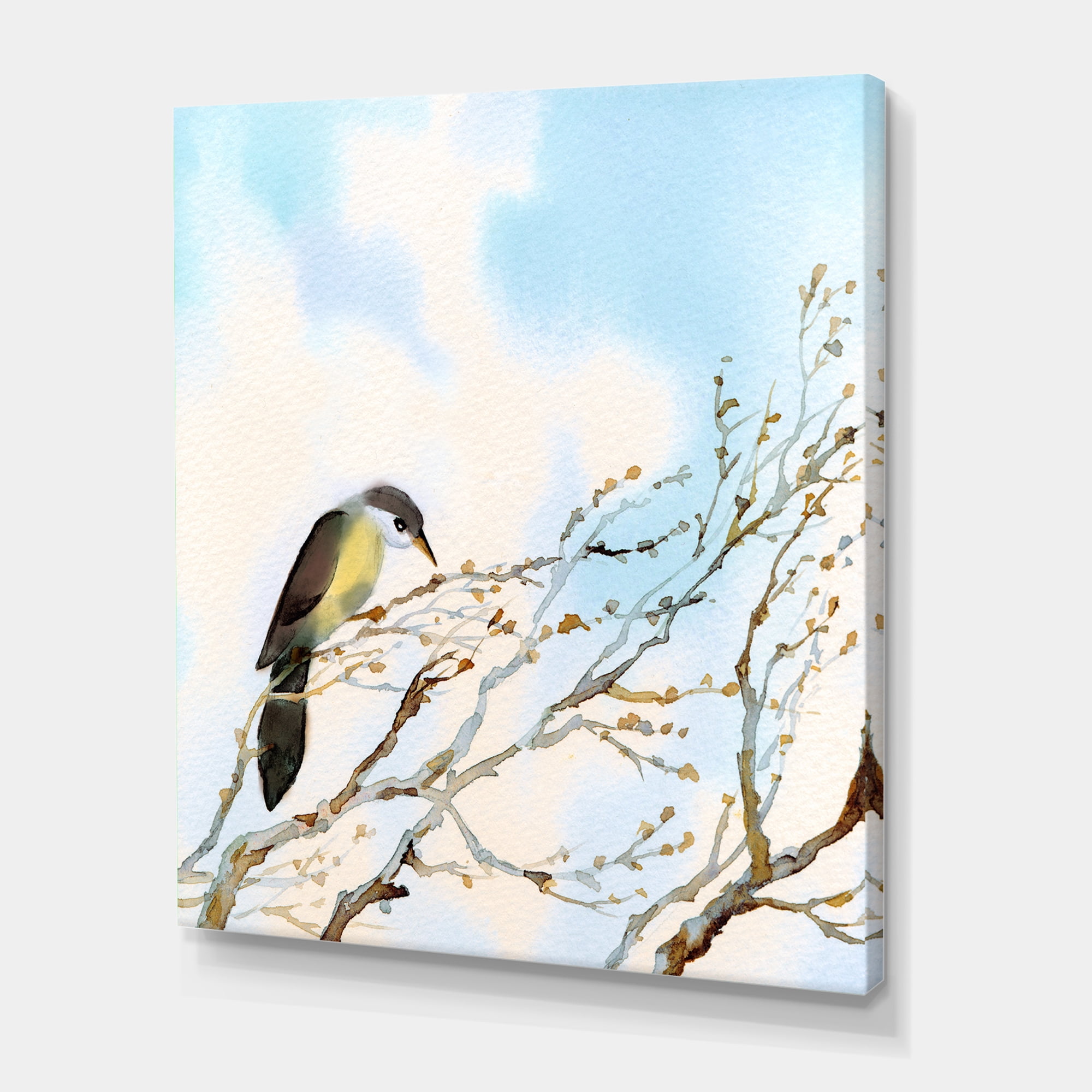 Bird Sitting On Old Bare Tree With Blue Cloudy Sky 16 in x 32 in Painting Canvas Art Print, by Designart