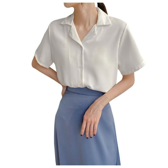 Women's Summer Casual Chiffon Blouse V Neck Short Sleeve Button Down Lapel Shirt Lightweight Comfortable Tunic Top