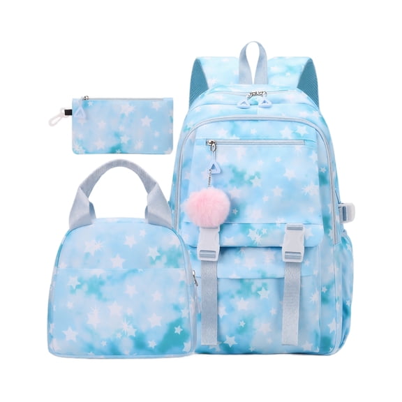 3 Pcs Star Prints Backpack Set, Large‑Capacity Back To School Bag, Multi‑Pocket Anti‑Theft Bookbag For Girls Campus & Casual Travel (Blue)