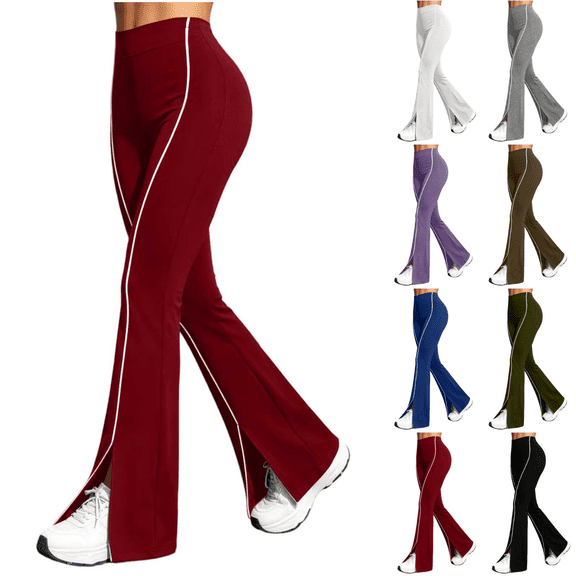SeekIslan Womens Side Stripe Flare Leggings High Waist Split Hem Yoga Pants with Contrast Piping