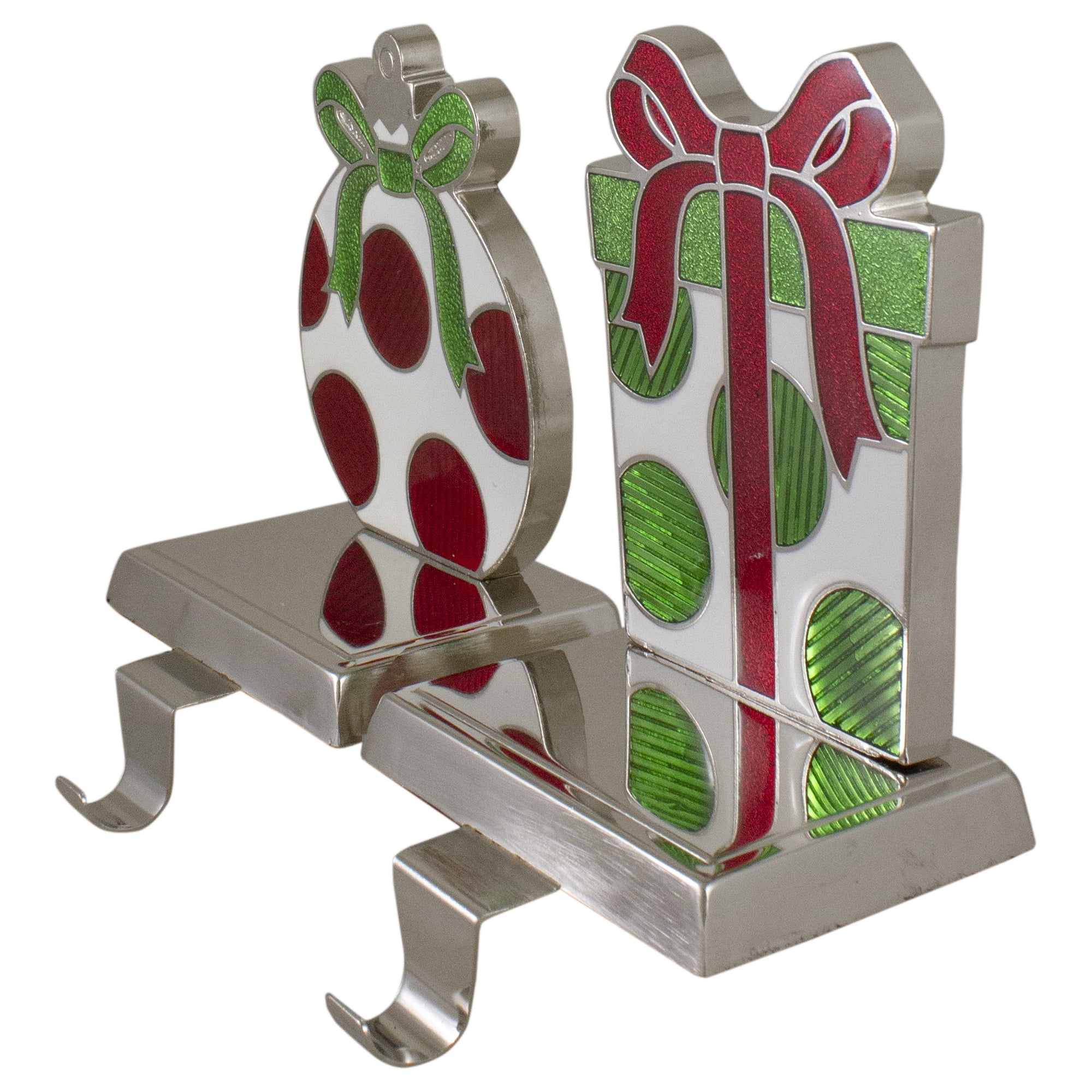 Gift Box Christmas Stocking Holders - 5.5" - Green Red and Silver - Set of 2