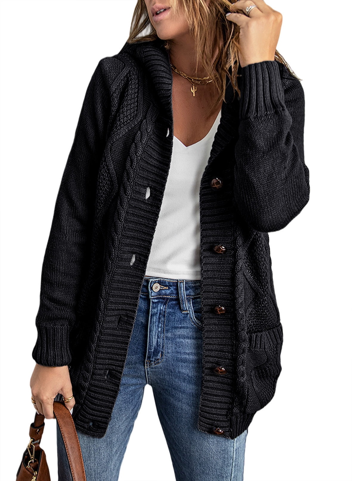 SHEWIN Womens Hooded Sweaters Open Front Cardigan for Women Button Down Long Sweater Knit Winter