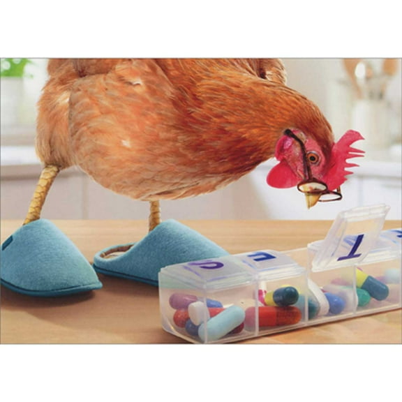 Avanti Press Chicken in Blue Slippers with Glasses Looking at Pill Box Funny Birthday Card