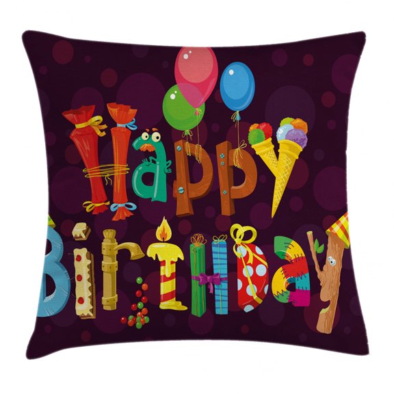 Birthday Decorations Throw Pillow Cushion Cover, Abstract Purple Background Ice Cream Sweets Party Objects as Letters, Decorative Square Accent Pillow Case, 18 X 18 Inches, Multicolor, by Ambesonne