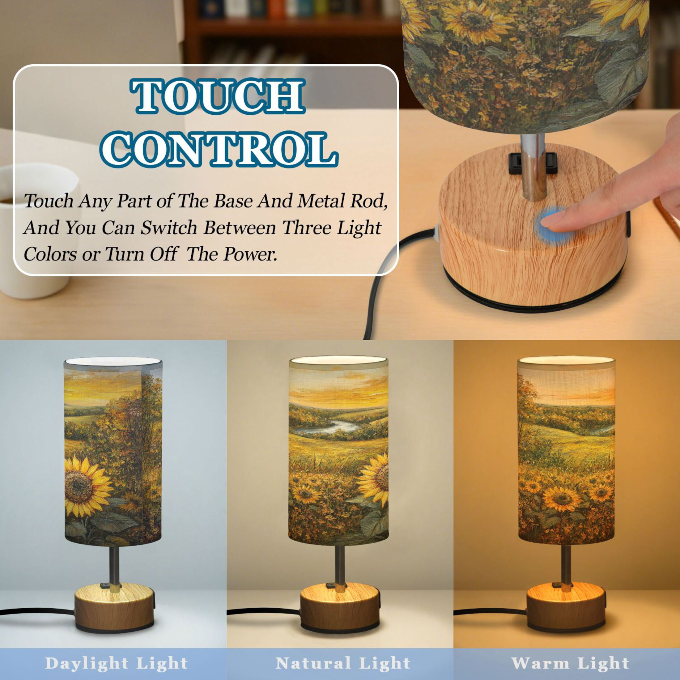 Wobogo Oil Painting Of Sunflower Bedside Lamp Touch Control Table Lamp with USB A+C Charging Ports & AC Outlet 3-Way Dimmable Nightstand Lamp with Linen Fabric Shade for Bedroom Living Room