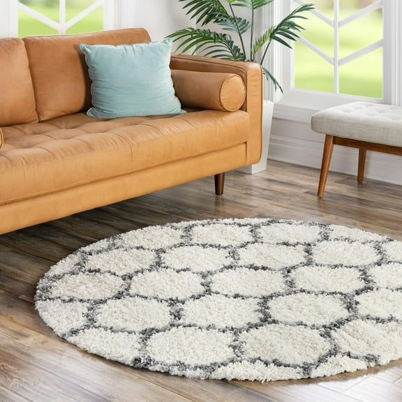 Unique Loom Hygge Shag Collection Area Rug - Trellis (3' 3" Round Ivory/Gray)