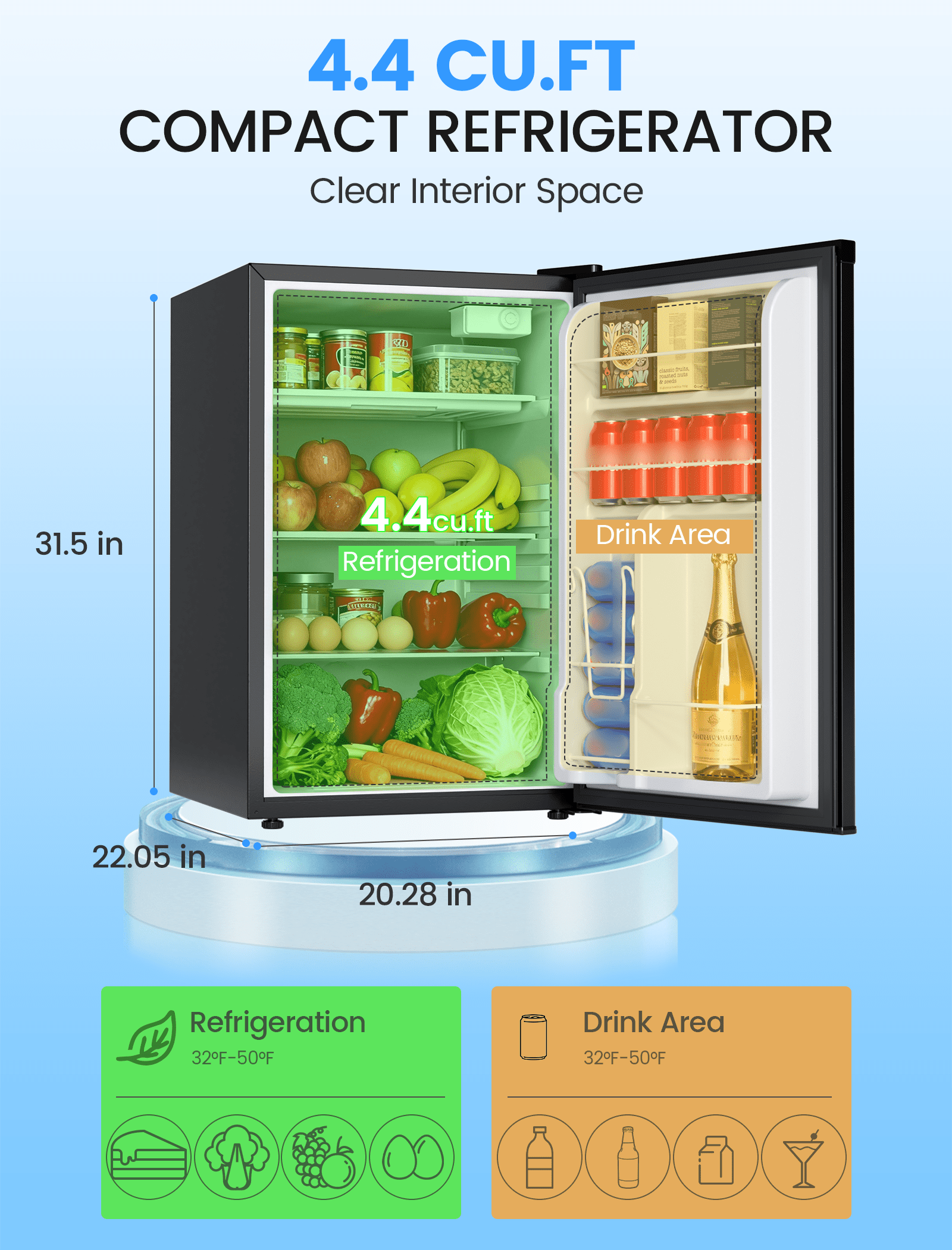 KNDKO 4.4 Cu.Ft Mini Fridge, Apartment Refrigerator with Reversible Door, Adjustable Thermostat for Bedroom Dorm Office Kitchen, Black