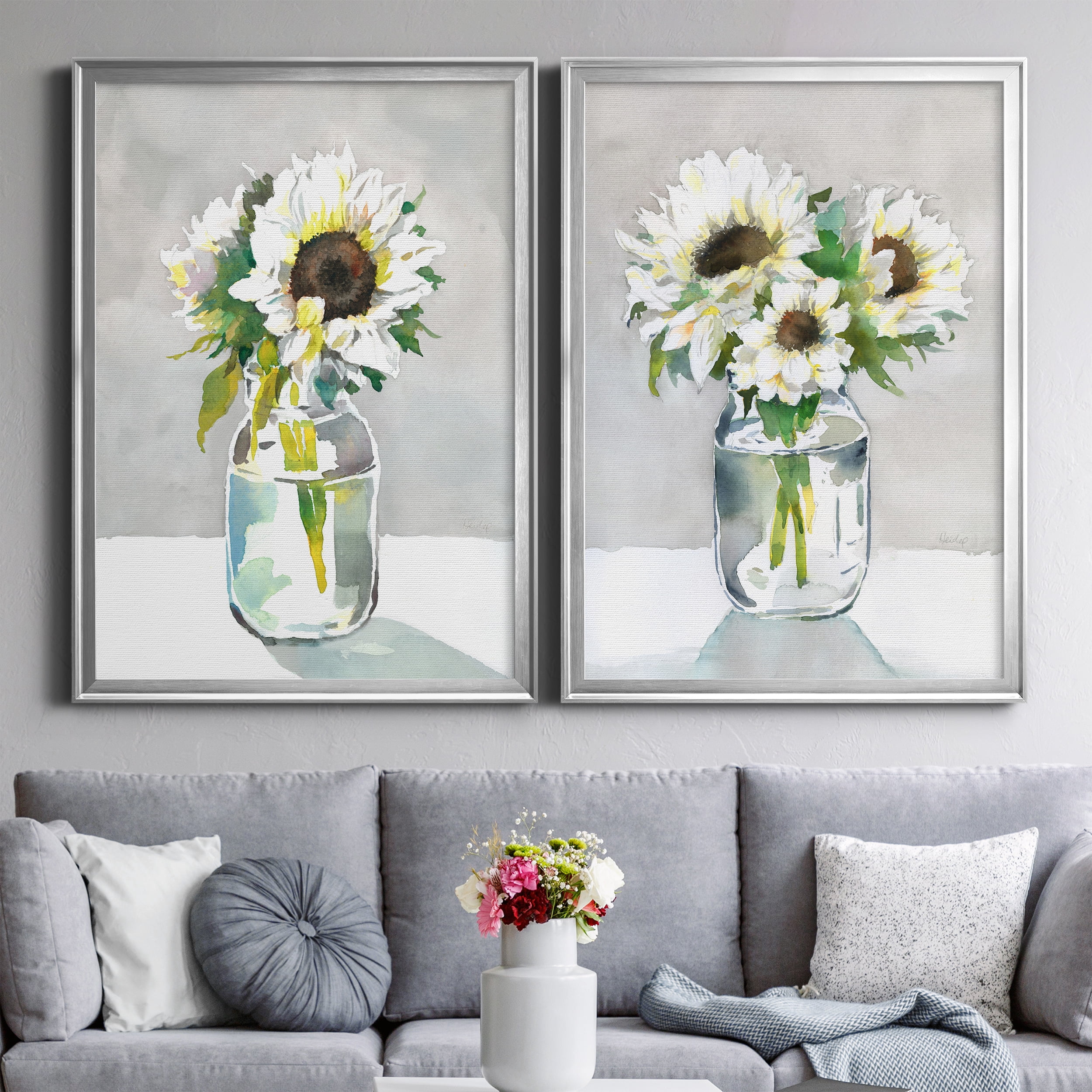 2 Piece Set Sunflower I Premium Framed Canvas - Ready to Hang - 26.5 x 36.5 Each - Silver Frame