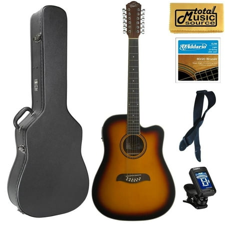 Oscar Schmidt 12 String Sunburst Acoustic/Elec Guitar, Hard Case Bundle, OD312CETS