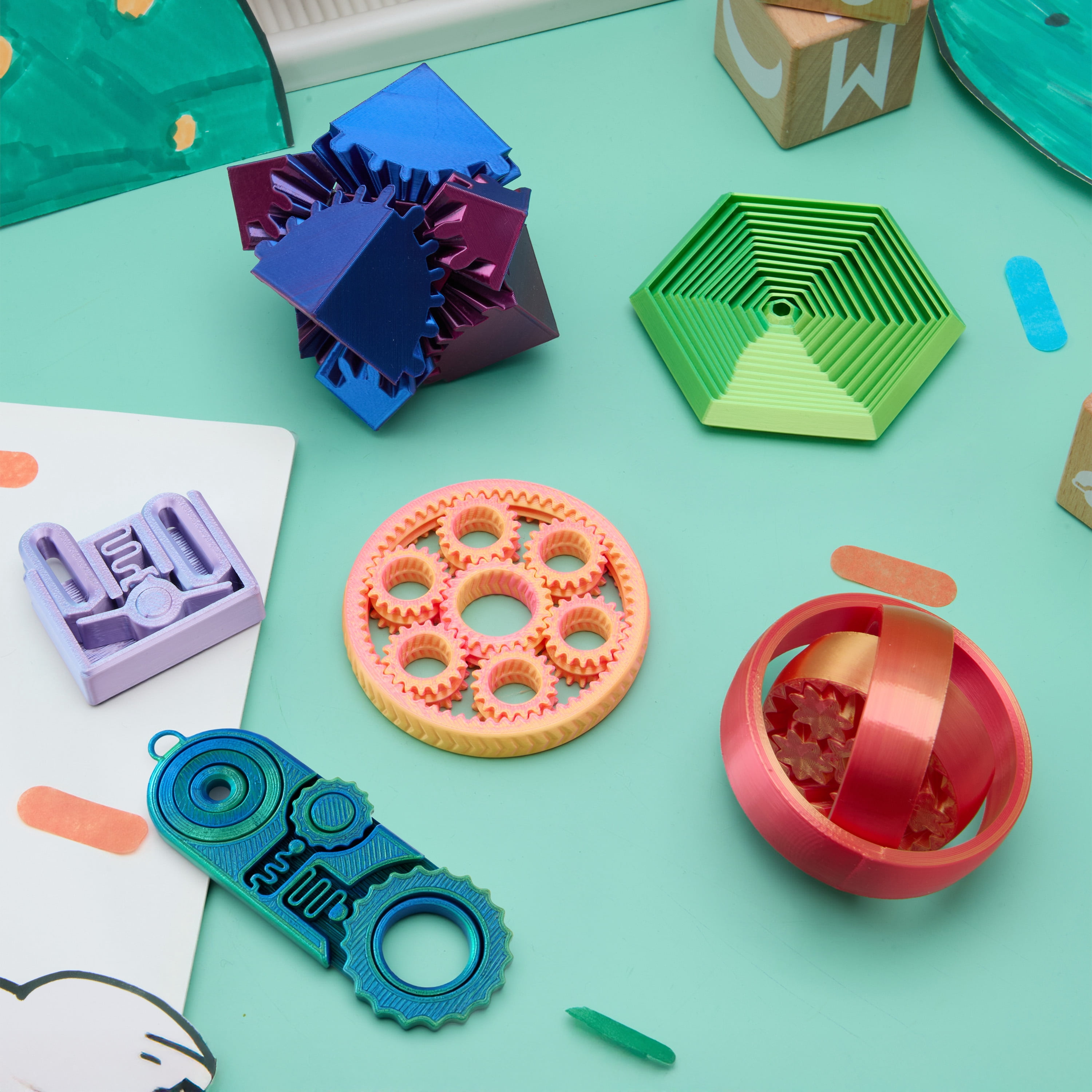 Joyfy 6 Pcs 3D Printed Fidgets Spin Fractal Click Gear Stress Relief Toys for Kids & Adults, Metallic Color ADHD Autism Product, Sensory Tools, Gifts for Birthday Christmas