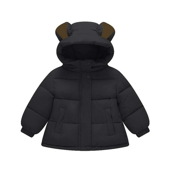 SERTG Children Fall Winter Plus Thick Tops Solid Color Small and Medium Sized Hooded Warm Coat with Cute Hat for Kids 1-7 Years (Black,2 Years)