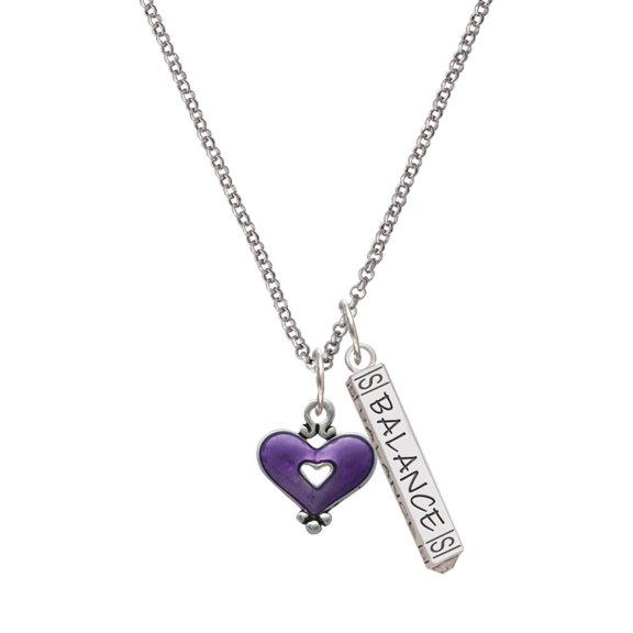Delight Jewelry Silvertone Hot Purple Enamel Heart with Cutout Silvertone Balance Bar Charm Necklace, 23"