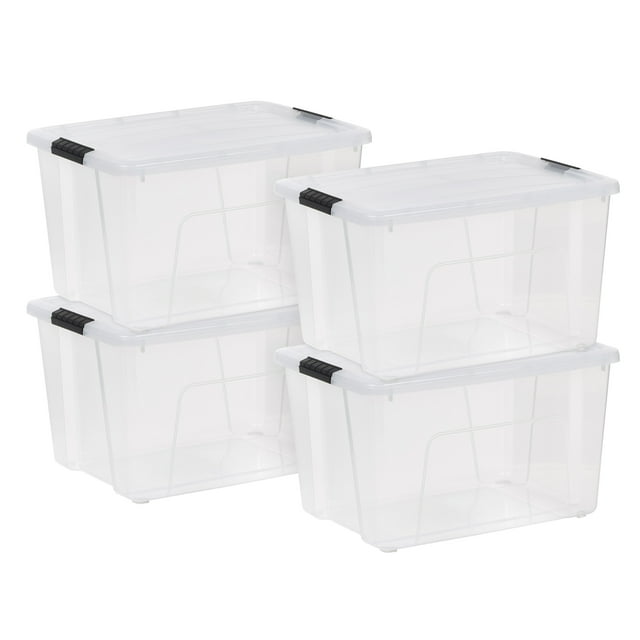 IRIS 56L Clear Latch Box, Stackable Plastic Storage Bins with Lids, 4 Pack