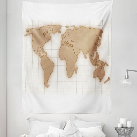 Map Tapestry, Minimal Design Pastel Tones World on Striped Checkered Backdrop in Soft Colors, Fabric Wall Hanging Decor for Bedroom Living Room Dorm, 5 Sizes, Pale Taupe White, by Ambesonne
